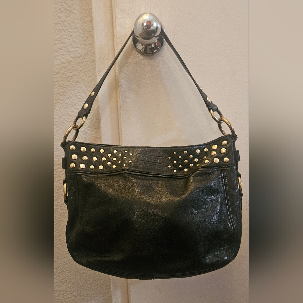 Coach Black Leather Shoulder Bag with Gold Studs